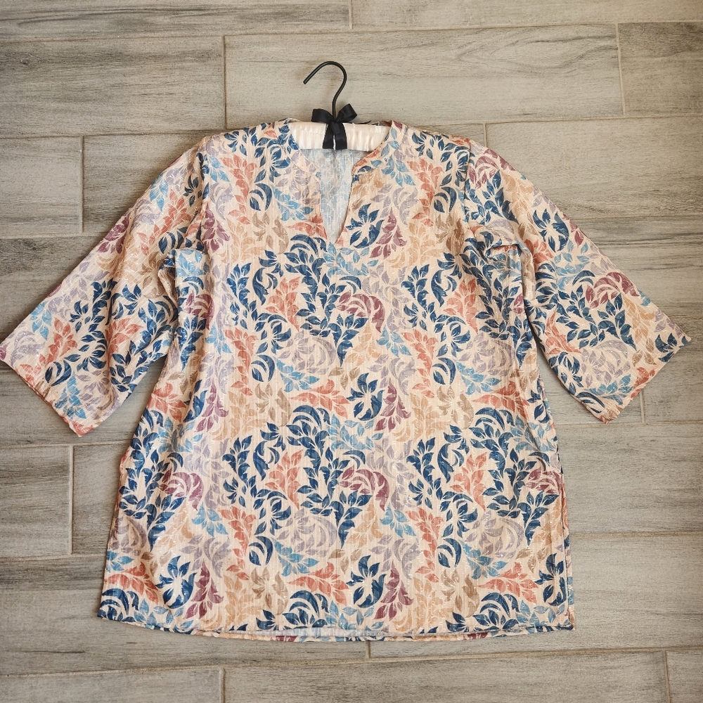 Vintage Handmade Blouse Women's 1X Cream Floral Mini Sequins 3/4sleeve Plus Size